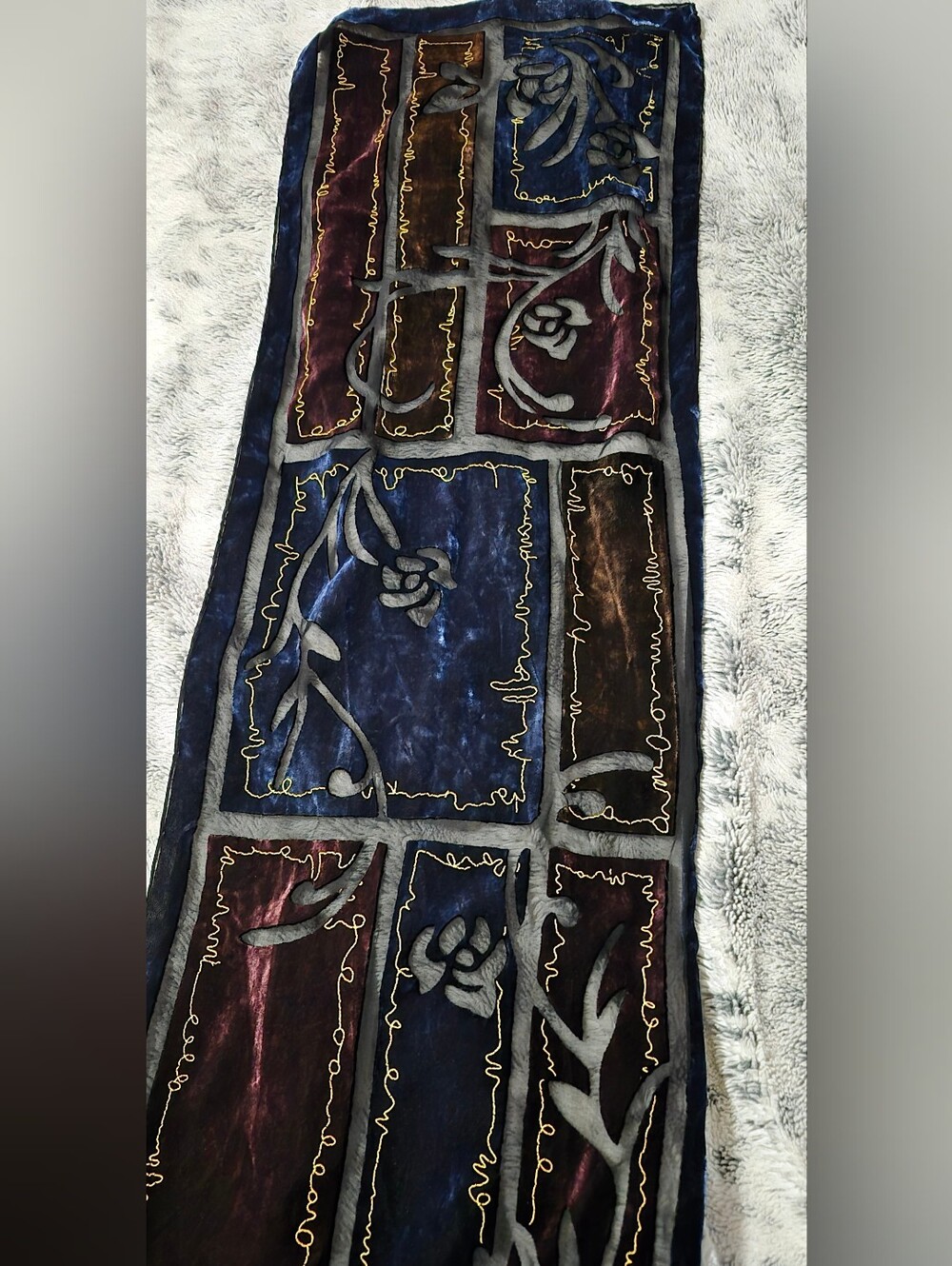 Decorative Blue and Burgundy Scarf with Gold Trim